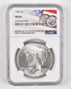 1924 MS64 MS 64 Peace Silver Dollar NGC Flag 2021 100th Ann Label