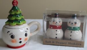 Johanna Parker Christmas Tree Mug and Snowmen Salt and Pepper Shaker NEW