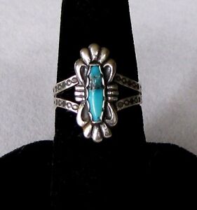 Vtg. Fred Harvey Era Maisel's Sterling Silver Elongated Turquoise Ring -- Sz. 6