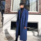 Men Double Breasted British Long Loose Fit Wool Blend Trench Coat Outwear Parka