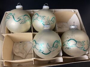 Shiny Brite Ornaments Vintage Turquoise Bluebirds Birds Doves Pearly Balls Set 4