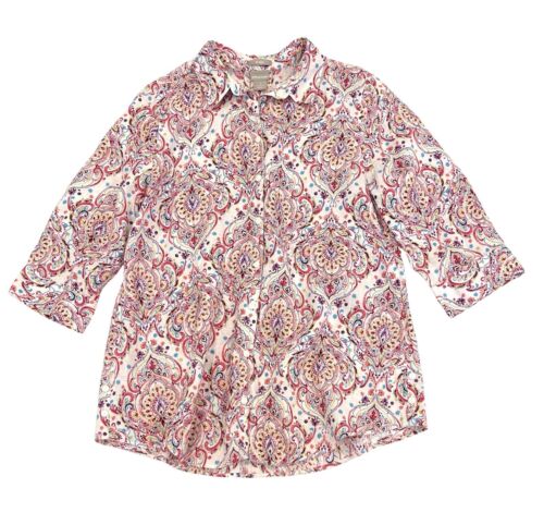 Chicos Linen Button Up Shirt Womens Size 2 - L Pink & White Paisley 3/4 Sleeve