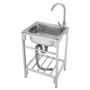 Stainless Steel Single Basin Kitchen Prep Sink Laundry Sink w/ Faucet and Stand
