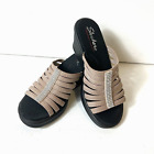 Skechers Memory Foam Wedge Sandals Women's 7 Slip On Fabric Beige Bling Peep Toe