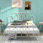 Full  Size Bed Frame Ola Metal Bed, White with Gold Details,Metal Platform