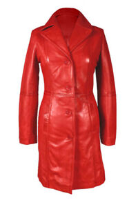 Womens Real Leather Coat Trench Matrix Style Mid-Length Winter Red Leather Coat