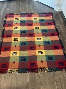 New ListingColor block Woven tapestry throw Blanket Church School House w/ fringe 90’s