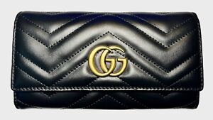 GUCCI Continental GG Marmont Black Leather Long Wallet w/ Gold Accents