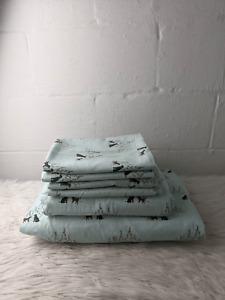 Eddie Bauer Cotton Flannel Sheet Set Mint W Dogs - Queen Size 6 pc Set