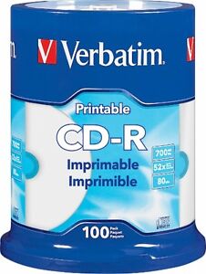 VERBATIM CD-R CDR 52X 700MB White Inkjet Hub Printable 100 pack Spindle 98493