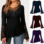 Womens Tops Casual Loose Lace Splice Long Sleeve T-shirt Summer Tee Solid Blouse