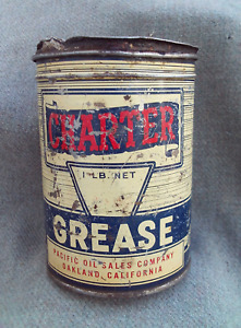 VINTAGE 1940s-50s CHARTER GREASE TIN 1 LB CAN PACIFIC OIL SALES CO. OAKLAND, CA.