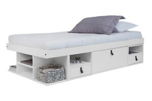 Memomad Bali Bed - Twin Size Storage Platform Bed Frame with Drawers (White)