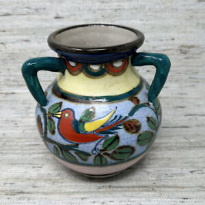 New ListingBird & Flowers Ceramic Vase Jug Handmade Crackle Finish 3 Handled Boho Chic 6”H