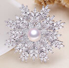 Natural 9-10mm White Pearl Crystal Snowflake Brooches 18KGP For Women