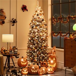 6Ft/7.5Ft/9Ft Pre-lit Pencil Artificial Christmas Tree w/Warm Lights Metal Stand