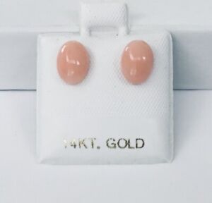 Natural Angel Skin Coral Oval 6 x 8 mm Cabochon Solid 14K Gold Stud Earrings NEW