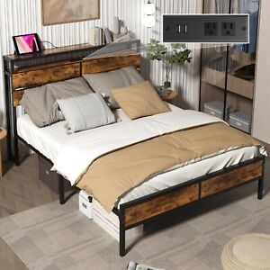 New ListingPliwier Bed Frame Build-in Charging Station Metal Bed 2 Tier Storage Headboard