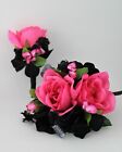 Wedding Prom Metallic Black Hot Pink Silk Rose Flowers Wrist Corsage Boutonniere