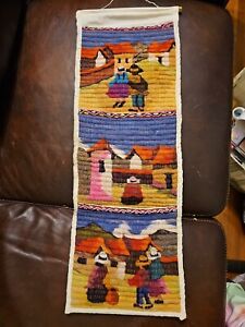 Peruvian Peru Wool Tapestry Hand Woven Puffy ART Wall Hanging Pockets 9”X 26”