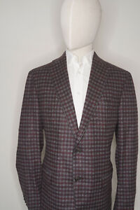 New ZILLI $4900 Maroon Gray Check Leather Trim Wool Silk Jacket Blazer 54