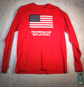 2022 FIFA World Cup Shirt Mens Large Red Long Sleeve Qatar USA American Flag NWT