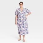 Women's Crepe Puff Short Sleeve Midi Dress - A New Day Blue Floral 1X