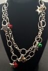 Xmas Jingle Bell Star Charm Open Silver Tone Chain Link Long Necklace 36