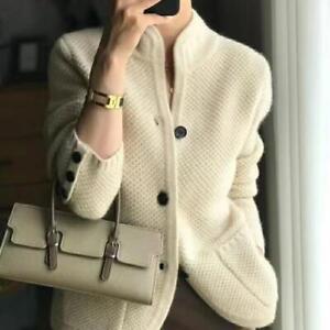 Women's Cardigan 100% Cashmere Sweater Long Sleeve Half High Collar Sweater 2024