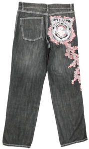 Pelle Pelle Men's Black Jeans Y2K Vintage Wide Leg Embroidered Backside 34 x 34