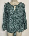 West Kei Small Blouse Green White 3/4 Sleeve Keyhole Neck Knot Front Top