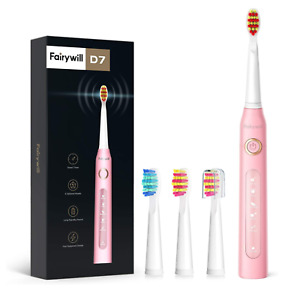 Fairywill Electric Toothbrush Rechargeable Sonic Clean 3 Replacement Heads Pink