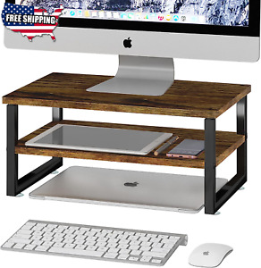 2-Tier Monitor Stand Riser Wood Desk Organizer Stand for iMac Computer Laptop