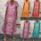 Women Boho Floral V Neck Maxi Dress Baggy Kaftan Loose Beach Casual Sundress US