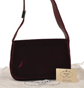 Authentic PRADA Velluto Lux Velour Shoulder Bag Purse B7619 Bordeaux Red 0629J