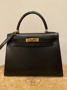 HERMES Kelly 28 Black Gold Excellent Condition Hand Shoulder Bag Calf Leather