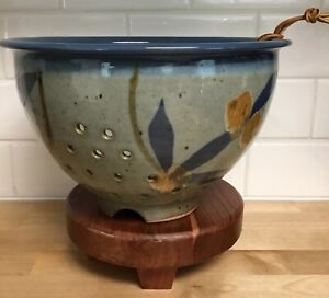 New ListingStudio Art Pottery Colander Stoneware Berry Bowl Large Blue Glaze Decorative