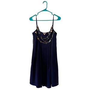 TED BAKER Cocktail Slip Dress Size 4 Blue Silk Lining Embellished Layered Neck