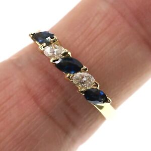 14k Solid Yellow Gold Natural Marquise Blue Sapphire Diamond Band Ring Size 6.5