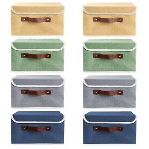 8Pc Collapsible Storage Box With Lid Linen Fabric Foldable Bins Organizer Basket