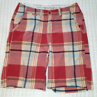 Men's 33 Long Shorts Red Plaid 5 Pocket Flat Front 100% Cotton Nautica Jeans Co