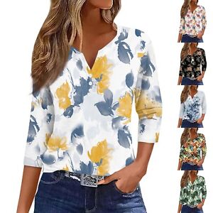Womens Tops T Shirts Tees Floral Print Button 3/4 Sleeve Basic V-Neck Blouses