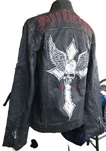 Limited Edition Authentic Affliction Embroidered Skull Leather Jacket #25