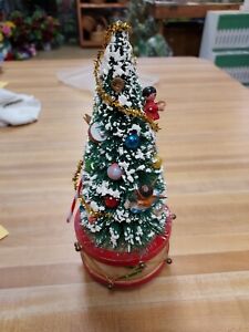 Vintage Rotating Musical Bottle Brush Christmas Tree with Holly On Drum base