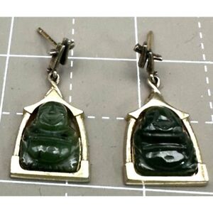 Vintage Earrings with Jade Buddha sitting  in Temple Gold Plated