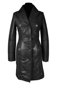 Womens Leather Coat Mid-Length Trench Style Black Coat with Garment Bust 42