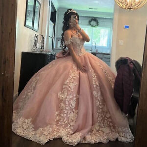 Princess Pink Quinceanera Dresses Lace Applique Sweet15 16 Prom Party Ball Gowns