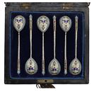 Antique Set 6 Russian 84 Silver Enamel Spoons Cased
