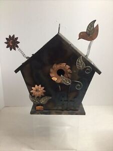Birdhouse Whimsical Metal Indoor/Outdoor Décor with Wired Flowers & Leaves
