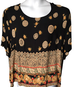 Black  Blouse By Marie Claire Floral Lace Print Shirt Top 20 1X Boho Round Neck